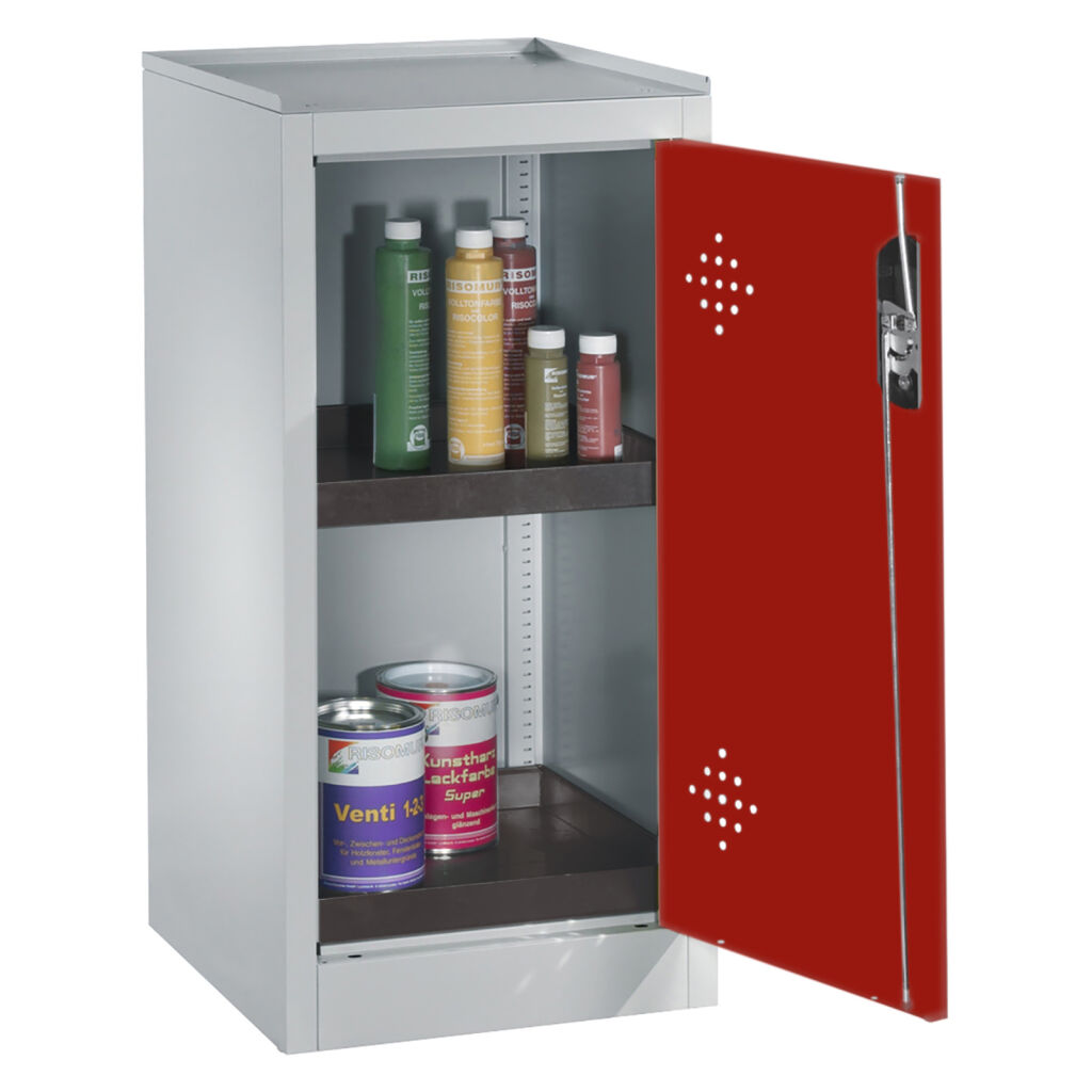 Armoire de sûreté avec 1 porte coulissante avec perforation d’aération et 2 bacs de rétention