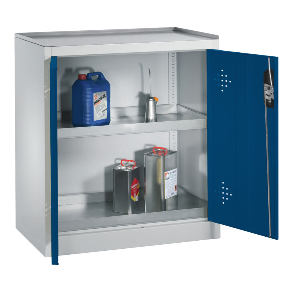 Armoire de sûreté avec 2 porte coulissante avec perforation d’aération et 2 bacs de rétention