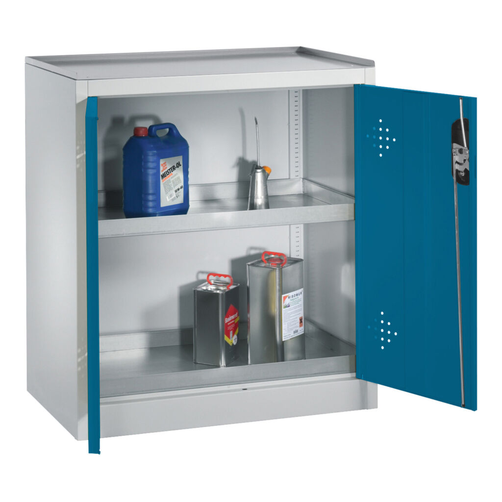 Armoire de sûreté avec 2 porte coulissante avec perforation d’aération et 2 bacs de rétention