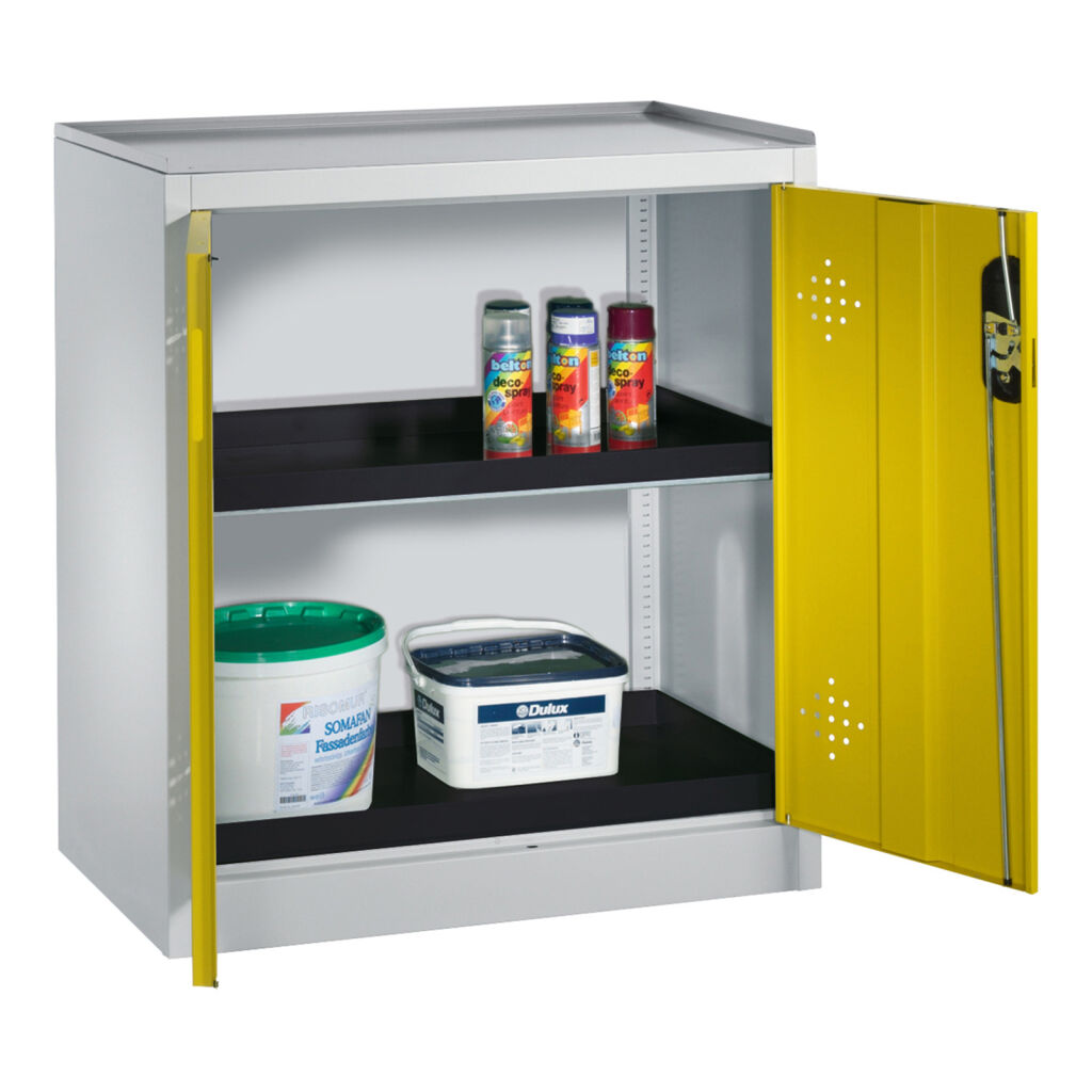 Armoire de sûreté avec 1 porte coulissante avec perforation d’aération et 2 bacs de rétention