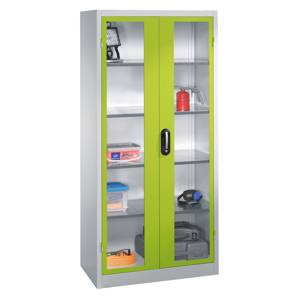 Armoire d'équipement avec des fenêtres panoramiques dans 2 portes tournantes et 4 étages