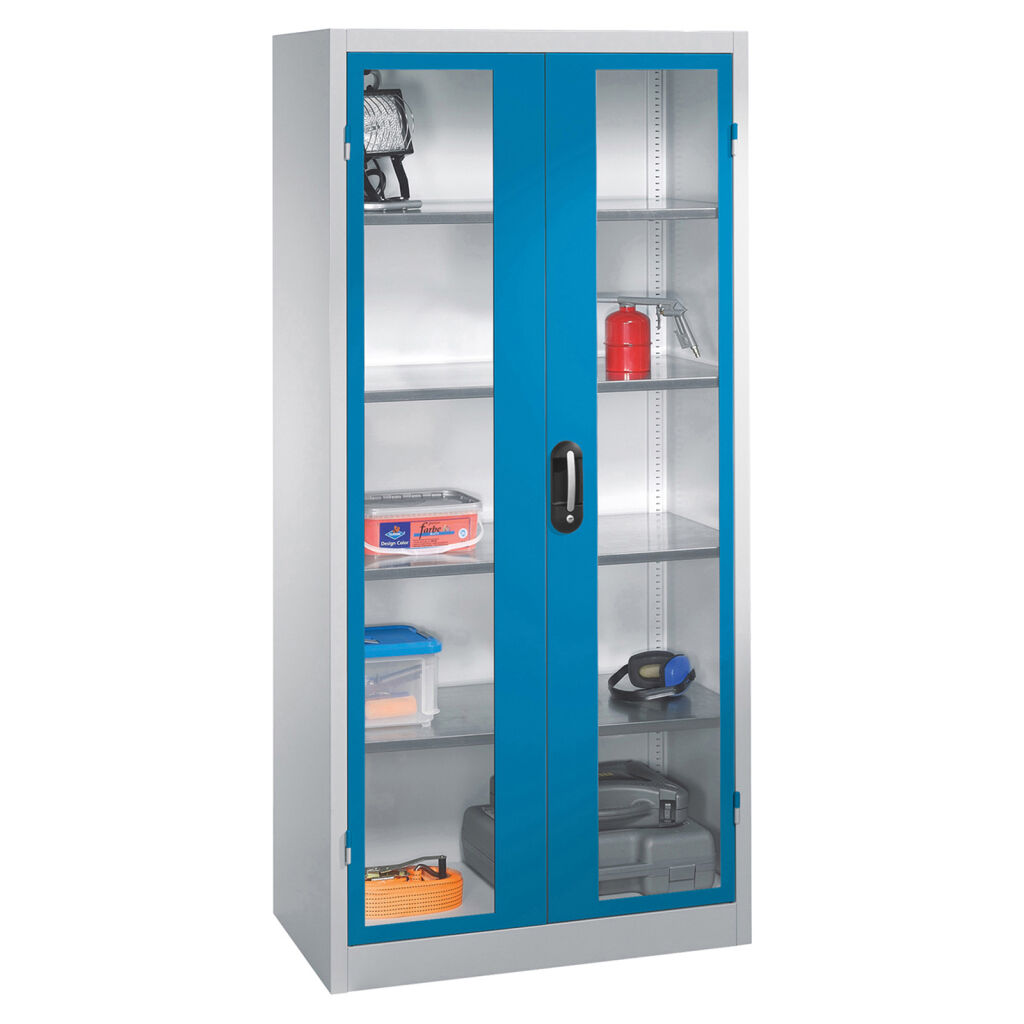 Armoire d'équipement avec des fenêtres panoramiques dans 2 portes tournantes et 4 étages