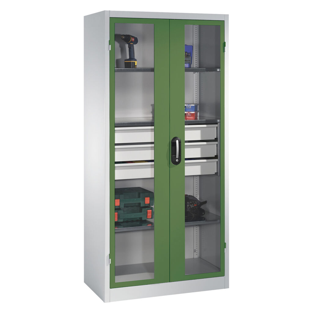 Material cabinet with viewing windows in 2 hinged doors, 3 floors and 3 drawers