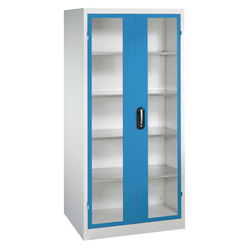 Armoire d'équipement avec des fenêtres panoramiques dans 2 portes tournantes et 4 étages