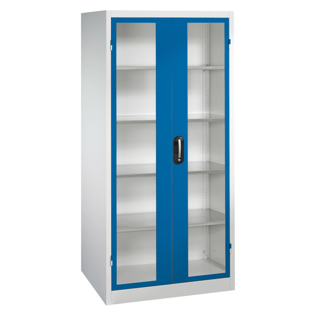 Armoire d'équipement avec des fenêtres panoramiques dans 2 portes tournantes et 4 étages