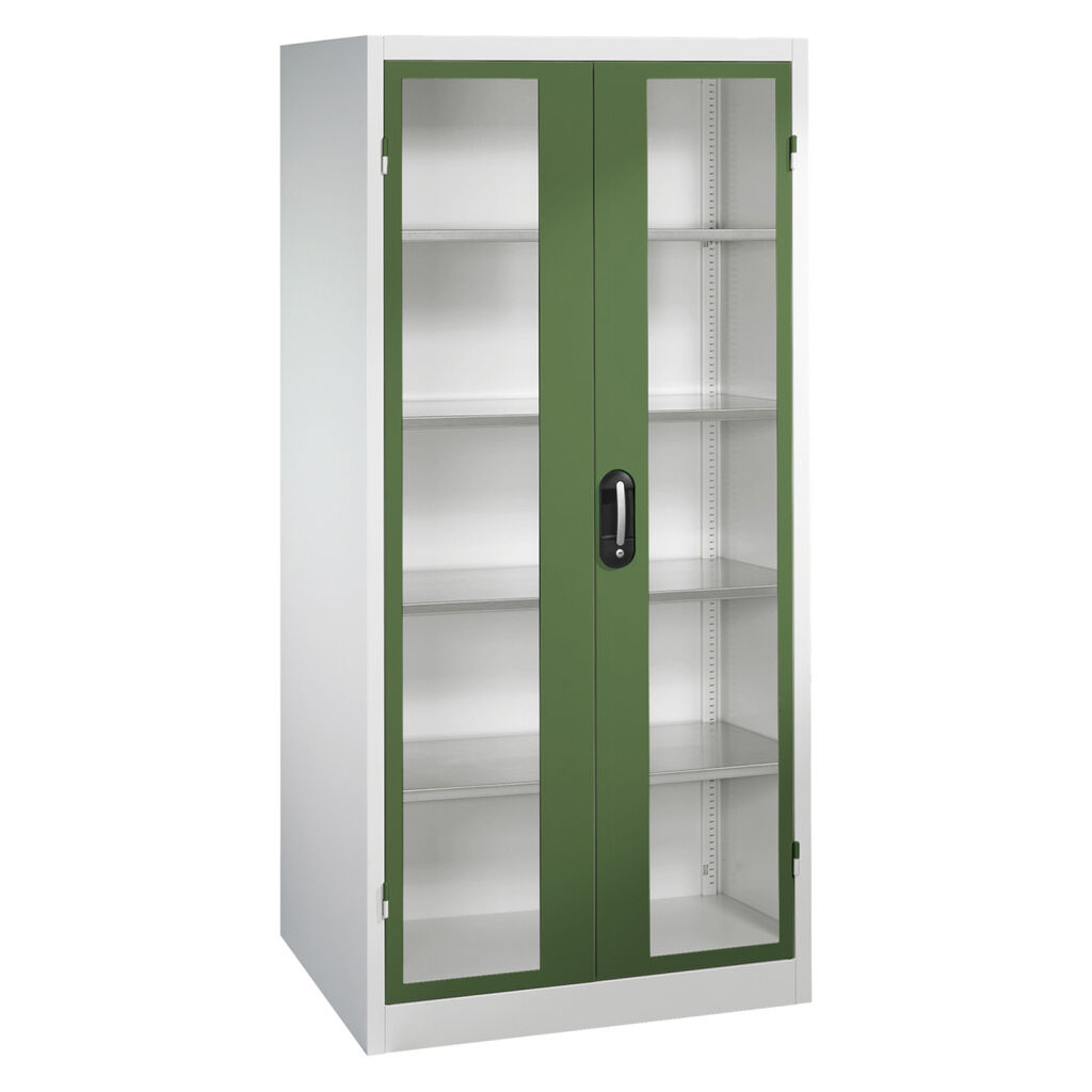 Armoire d'équipement avec des fenêtres panoramiques dans 2 portes tournantes et 4 étages
