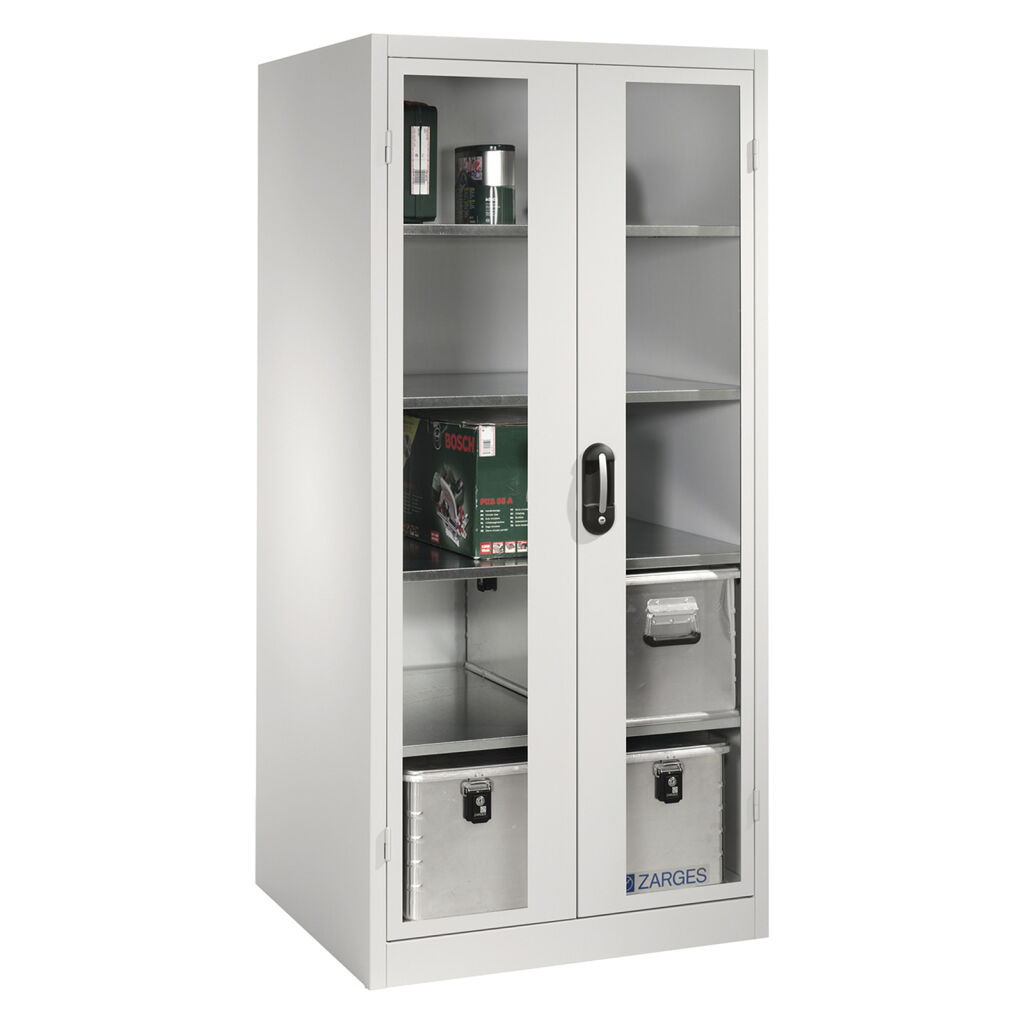Armoire d'équipement avec des fenêtres panoramiques dans 2 portes tournantes et 4 étages