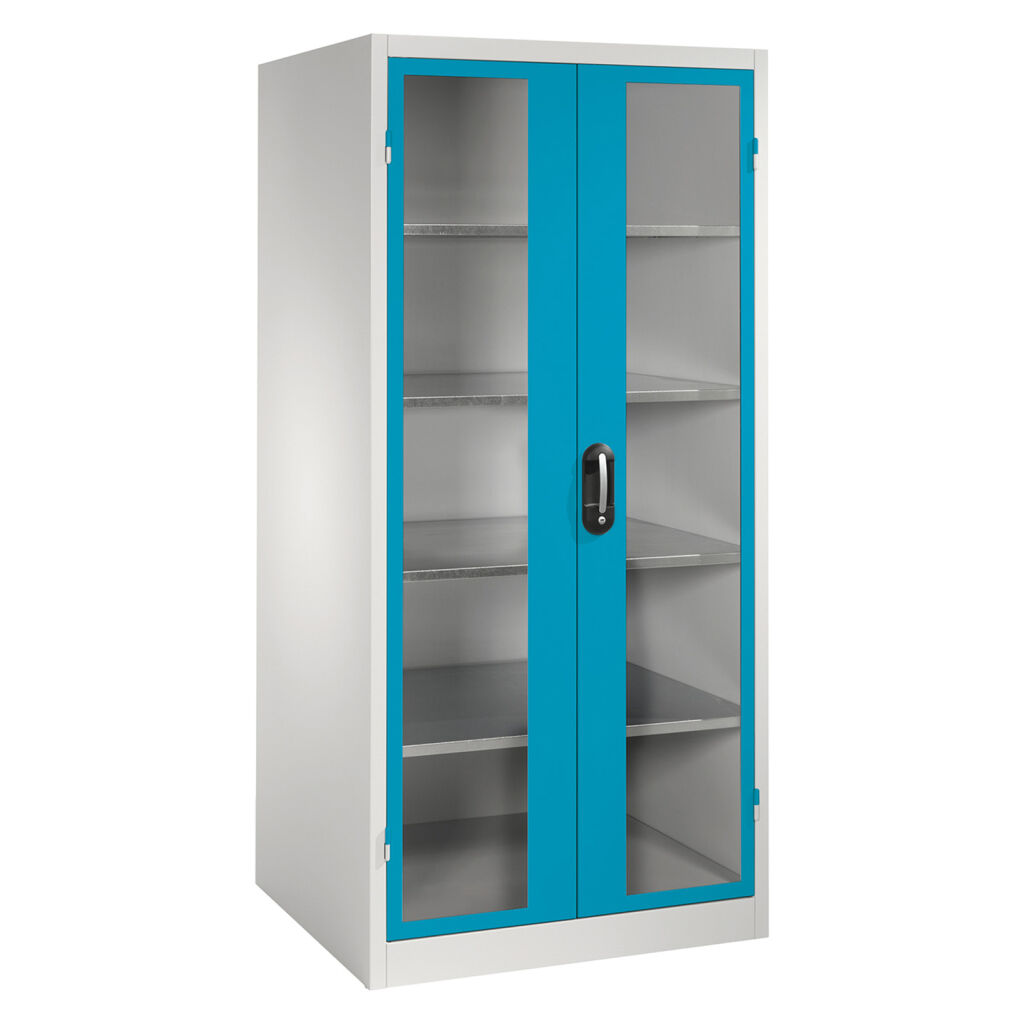 Armoire d'équipement avec des fenêtres panoramiques dans 2 portes tournantes et 4 étages