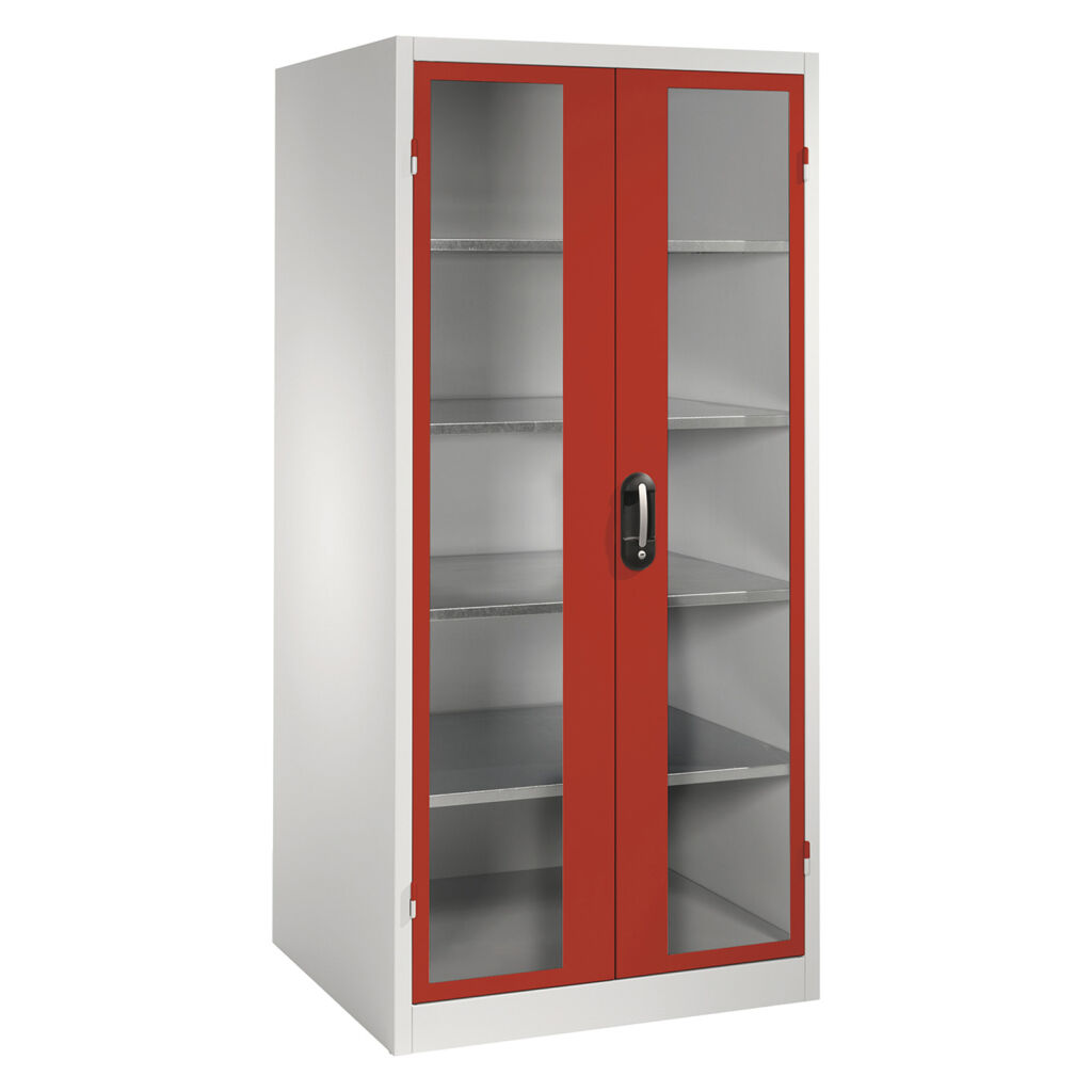 Armoire d'équipement avec des fenêtres panoramiques dans 2 portes tournantes et 4 étages