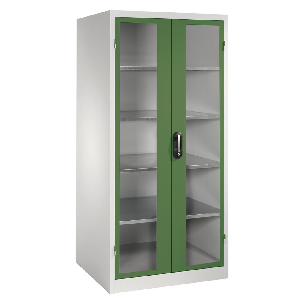 Armoire d'équipement avec des fenêtres panoramiques dans 2 portes tournantes et 4 étages