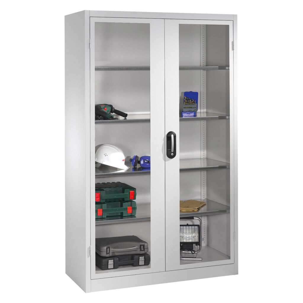 Material cabinet with viewing windows in 2 hinged doors and 4 floors