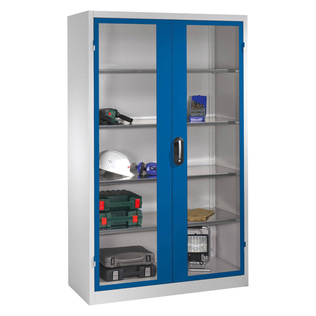 Material cabinet with viewing windows in 2 hinged doors and 4 floors