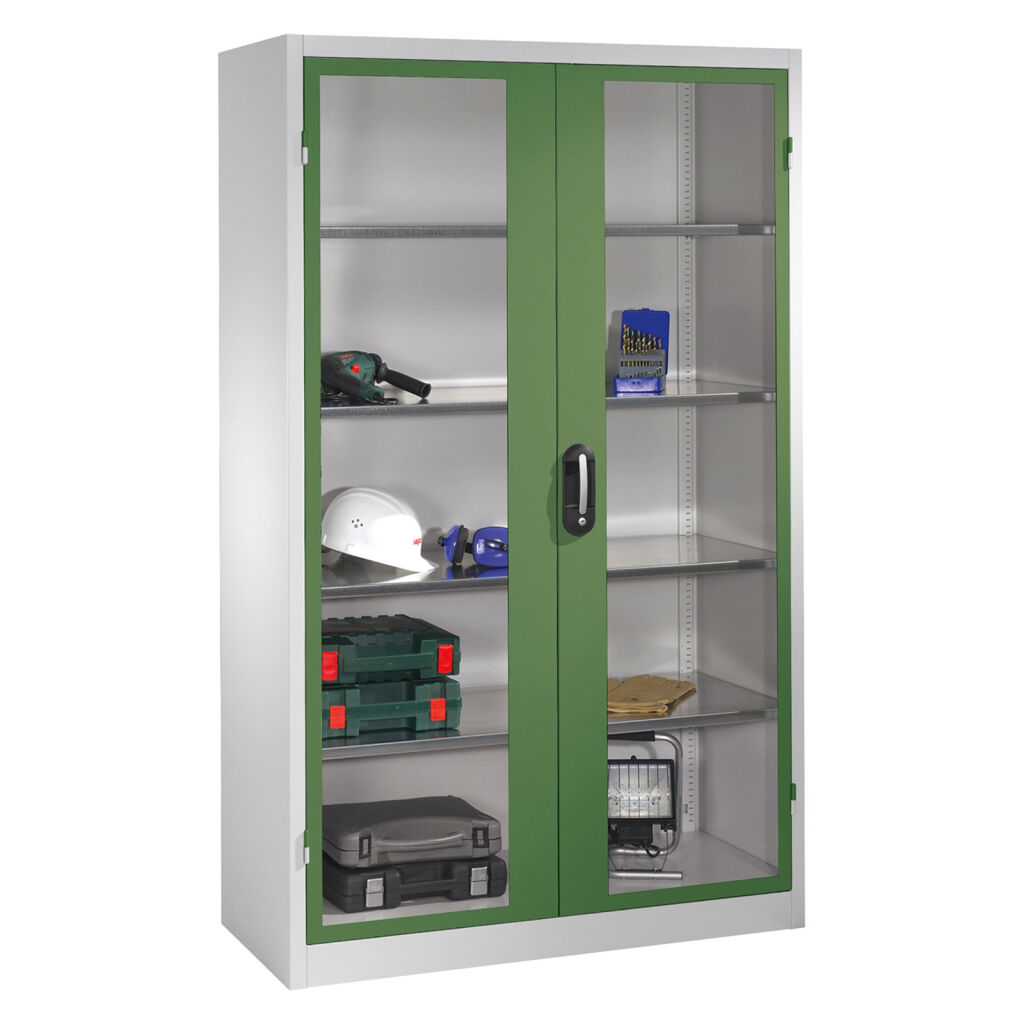 Material cabinet with viewing windows in 2 hinged doors and 4 floors