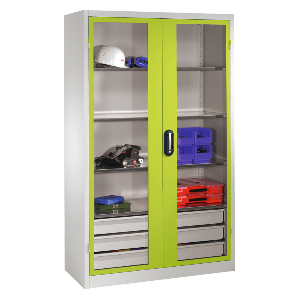 Armoire d'équipement avec des fenêtres panoramiques dans 2 portes tournantes, 3 étages et 3 coffre-fort
