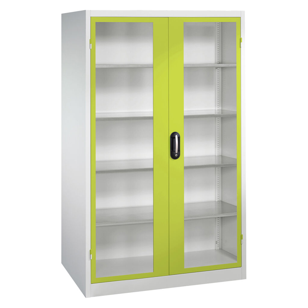 Material cabinet with viewing windows in 2 hinged doors and 4 floors