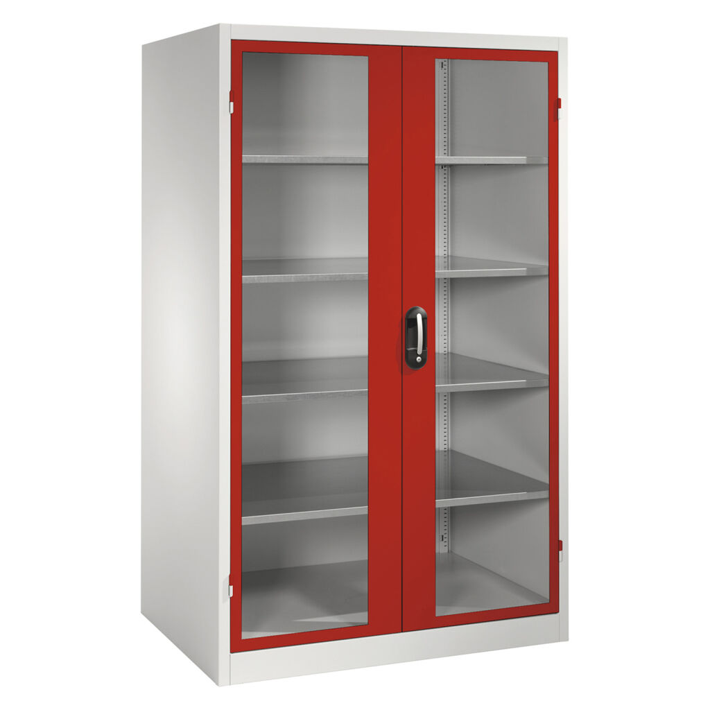 Armoire d'équipement avec des fenêtres panoramiques dans 2 portes tournantes et 4 étages