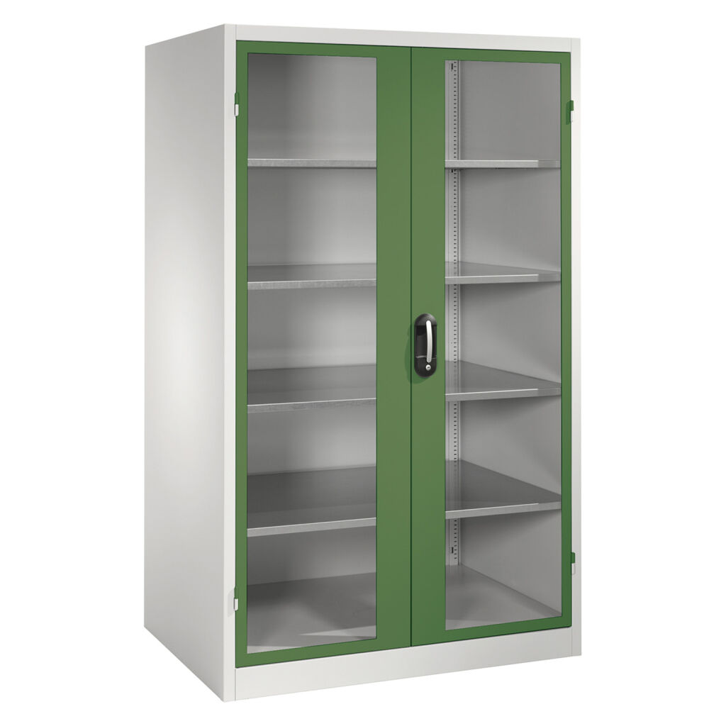 Armoire d'équipement avec des fenêtres panoramiques dans 2 portes tournantes et 4 étages