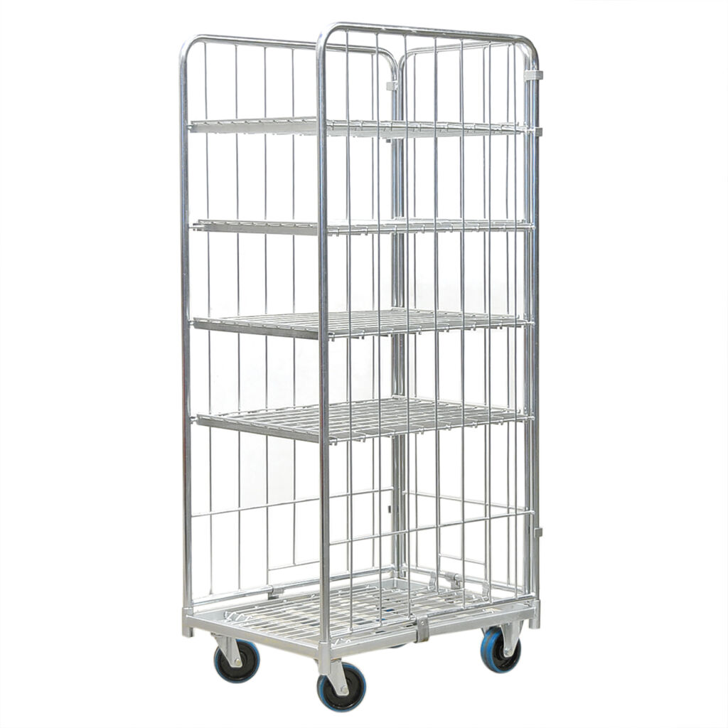 3-Sides 3-compartment rolling container steel base with plug-in railings