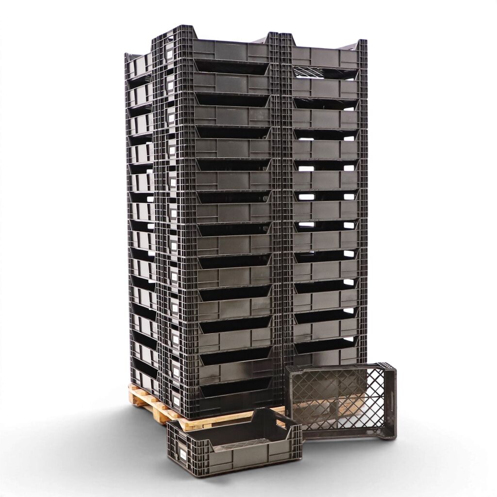 Euronorm stacking bins long side half open