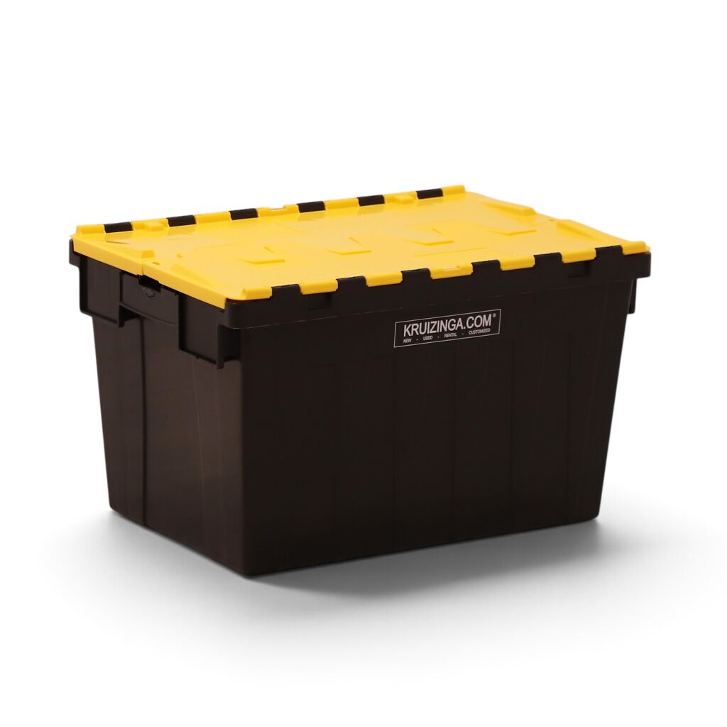 Distribution bin provided with lid consisting of two parts