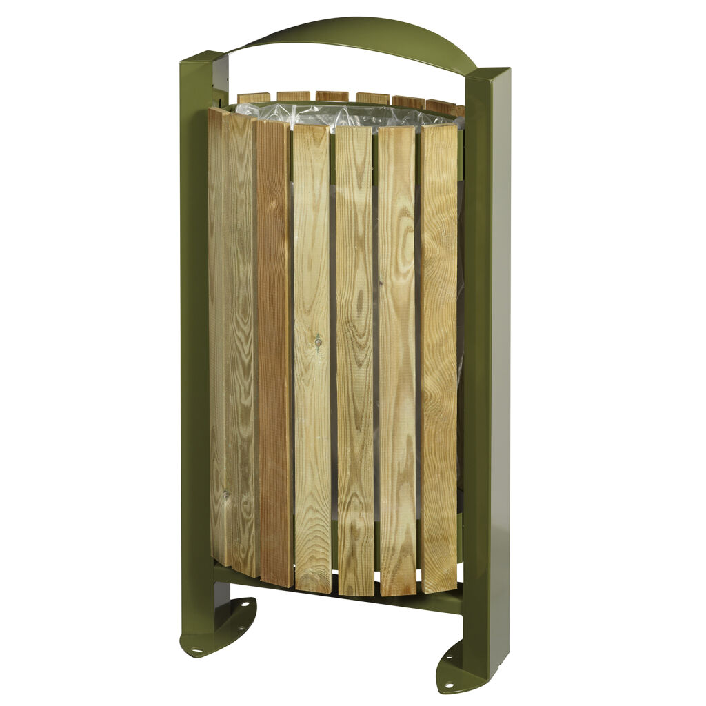 Free-standing outdoor waste bin steel waste pin with wooden walls on foot