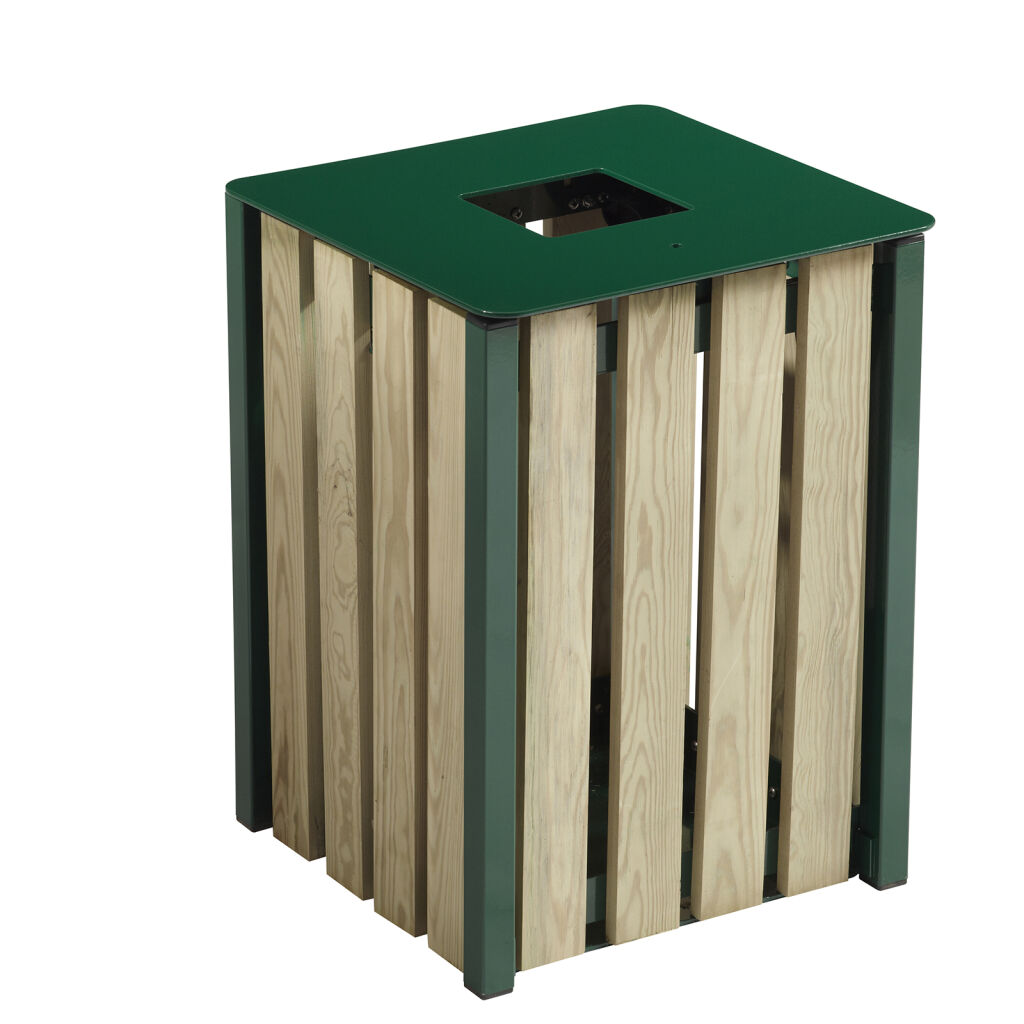 Free-standing outdoor waste bin steel waste pin with 4 wooden walls