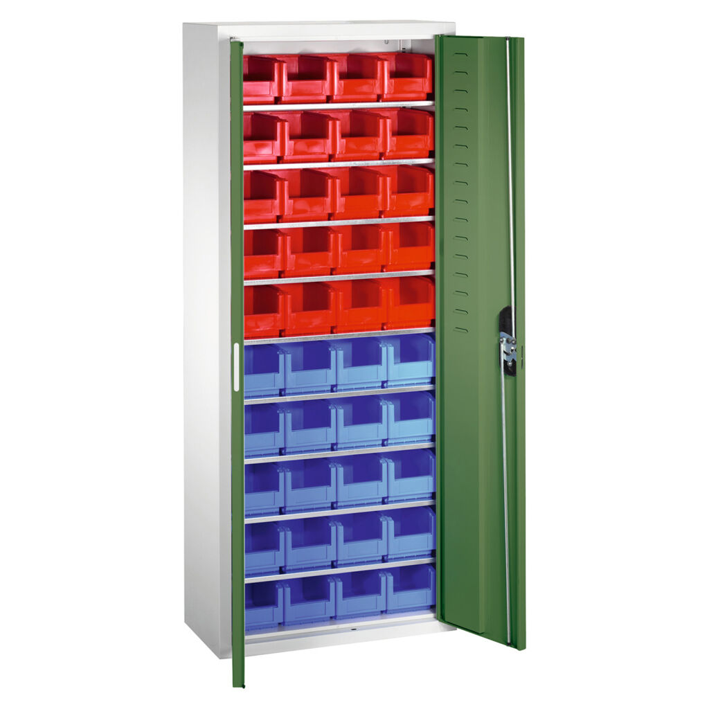 Boxes cabinet with 2 hinged doors and 46 storage bins