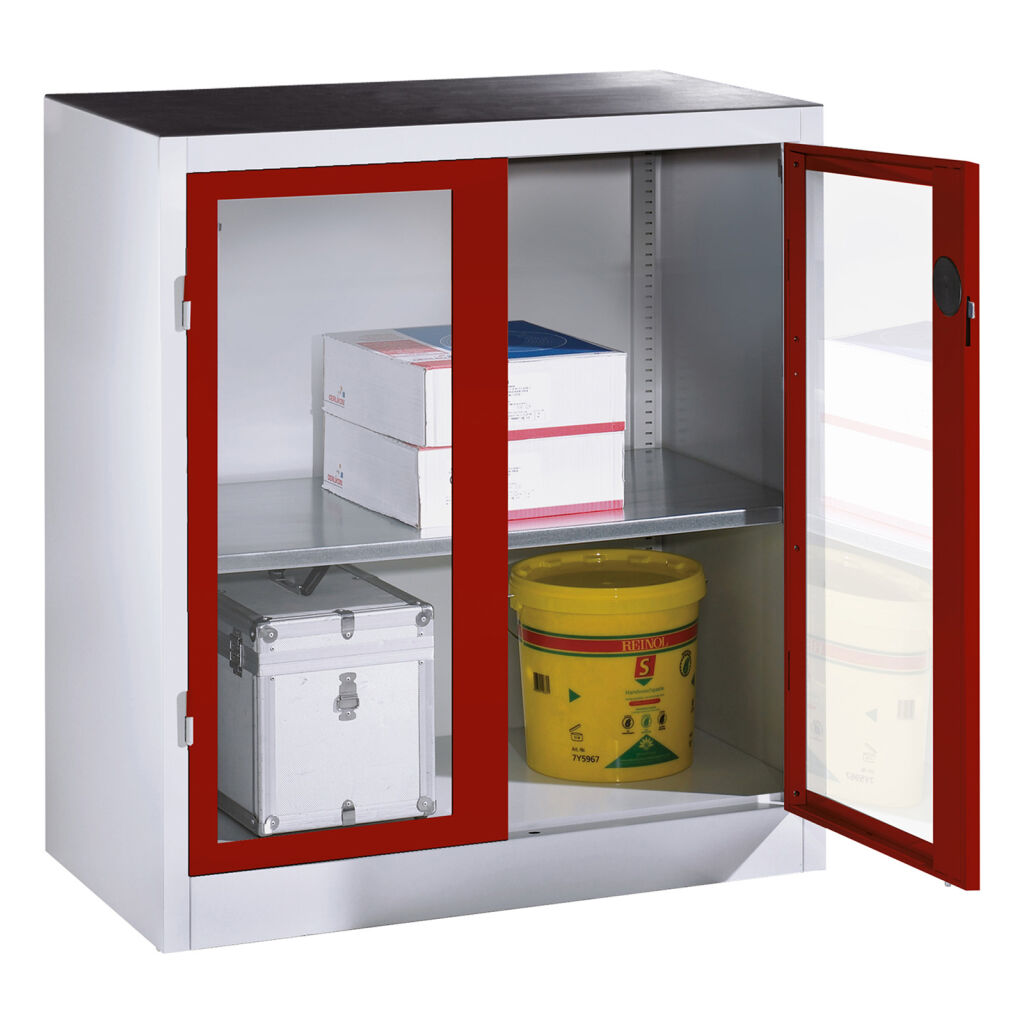 Workbenches with viewing window in 2 hinged doors and 1 floor