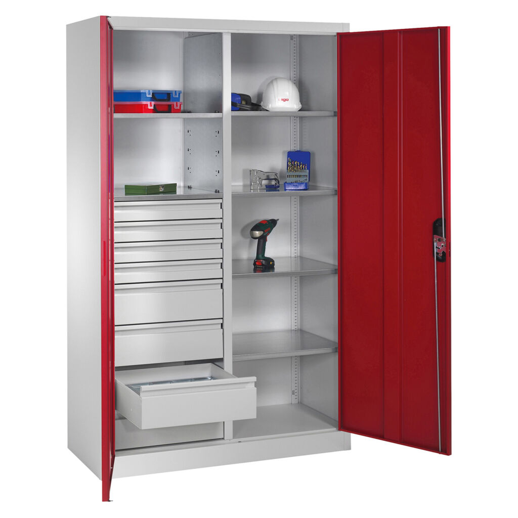Armoire d'équipement avec 2 portes tournantes, 6 étages et 8 tiroirs
