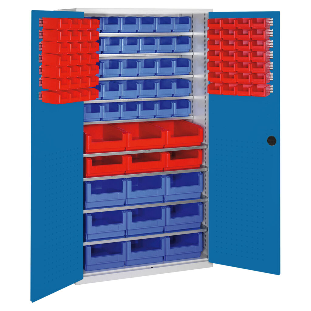 Boxes cabinet with 2 hinged doors and 106 storage bins