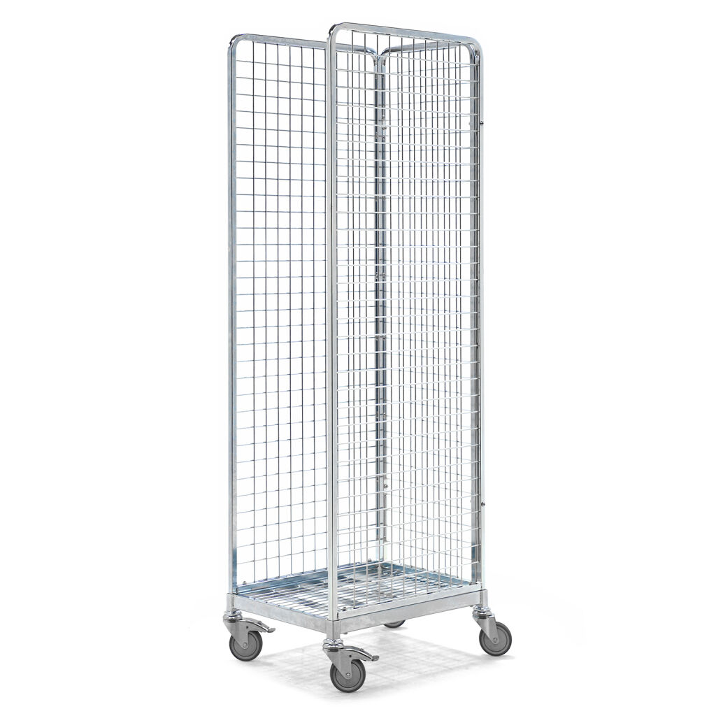 3-Sides 3-compartment rolling container steel base with plug-in railings