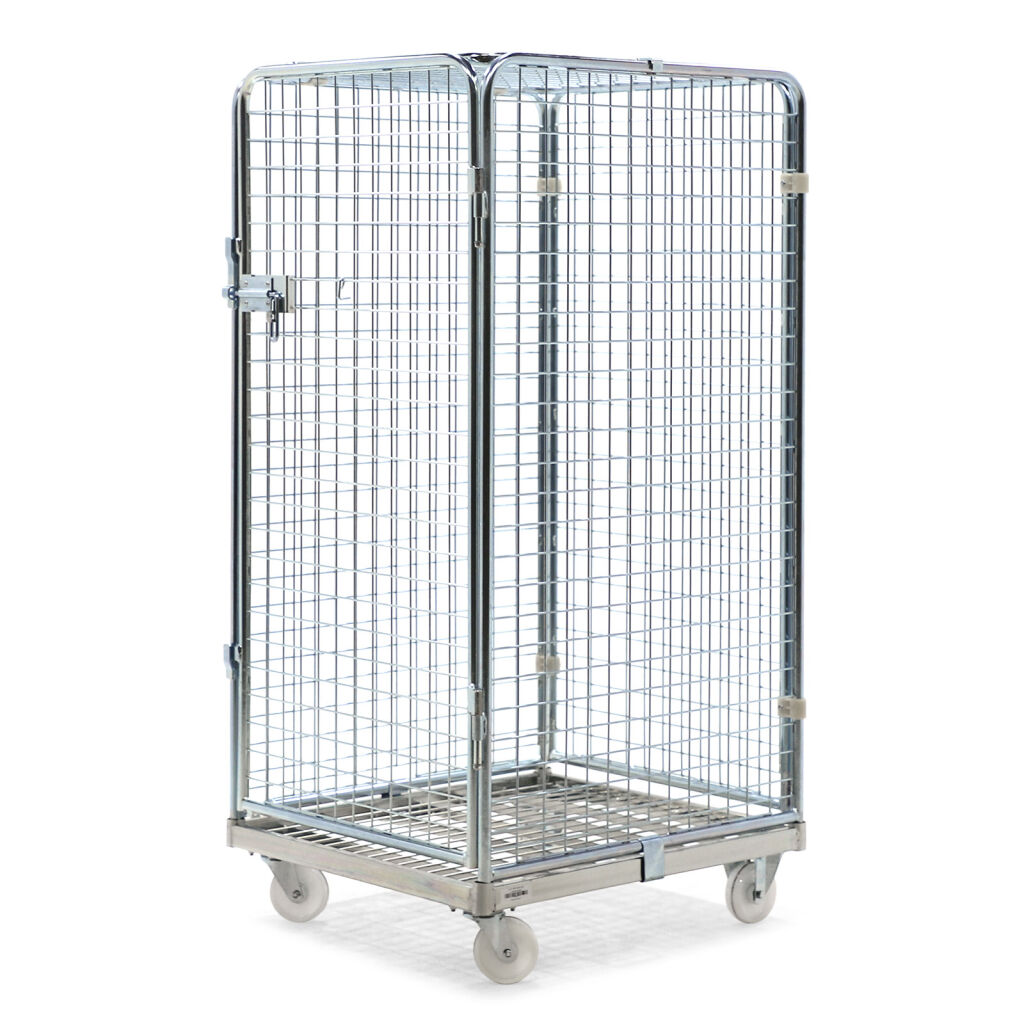 Roll conteneur de sécurité caisson à roulettes antivol fond en acier avec barrières à emboîter