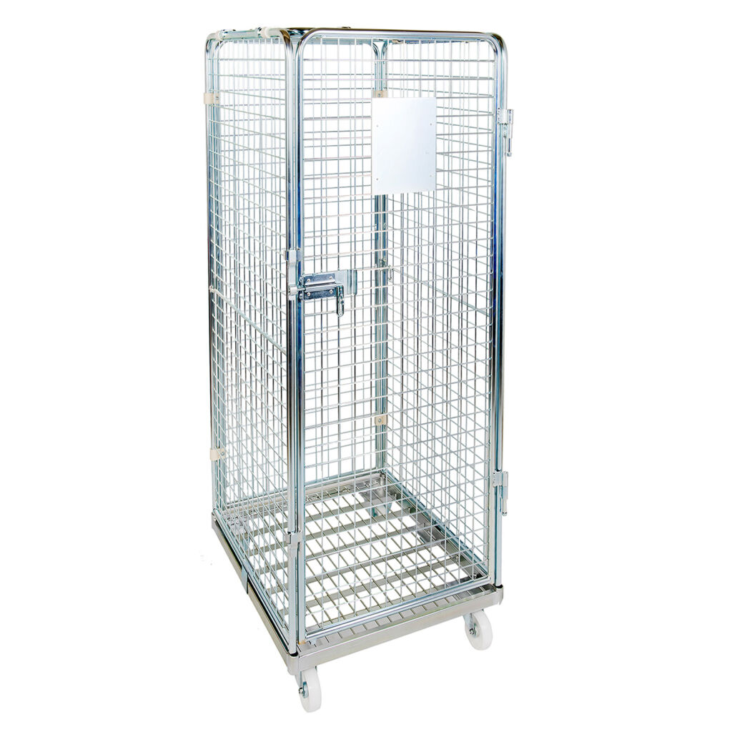 Roll conteneur de sécurité caisson à roulettes antivol fond en acier avec barrières à emboîter