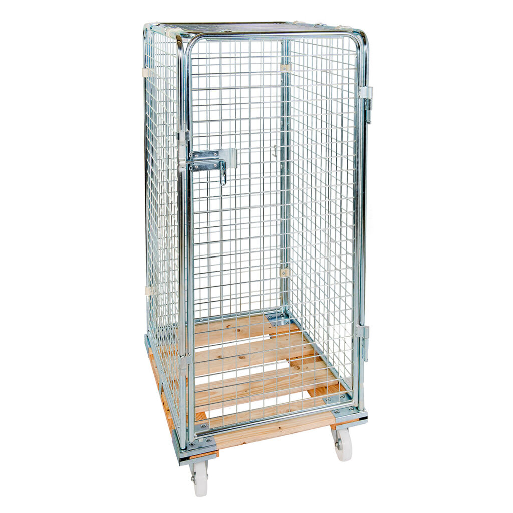 Roll conteneur de sécurité caisson à roulettes antivol fond en bois avec des barrières à emboîter