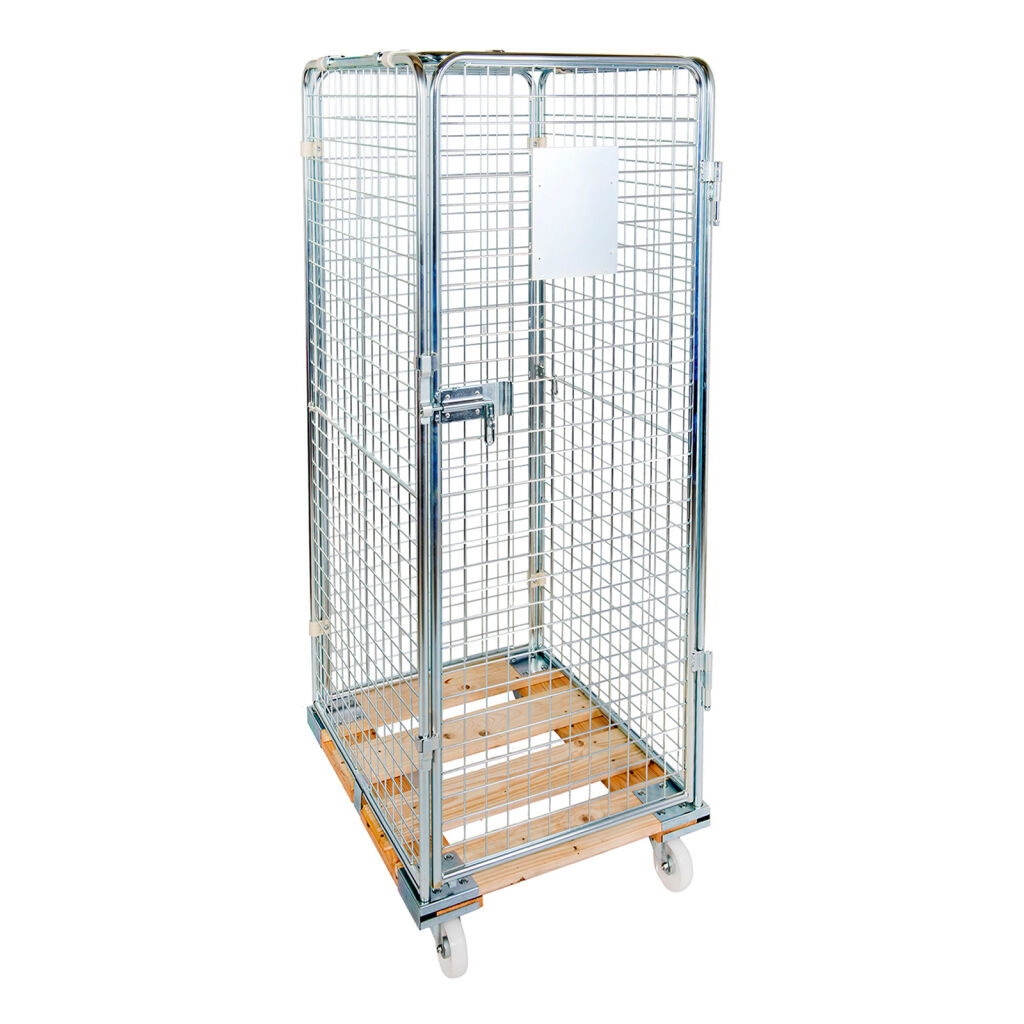 Roll conteneur de sécurité caisson à roulettes antivol fond en bois avec des barrières à emboîter
