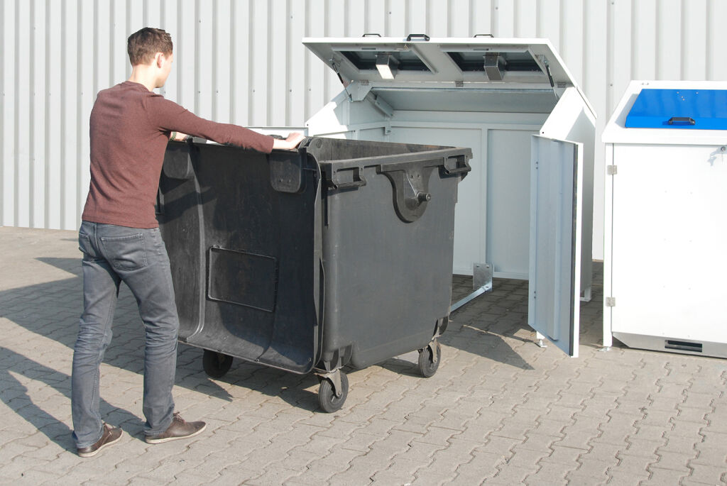 Waste container conversion for 1100 liter waste containers with roof incl. 2 flaps, walls and doors 