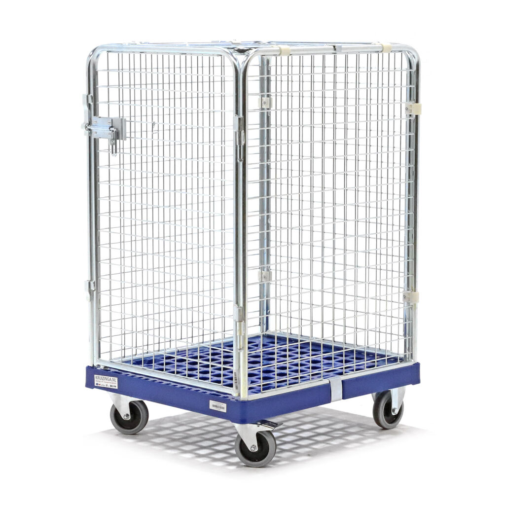 Roll conteneur de sécurité caisson à roulettes antivol fond en plastique avec barrières à emboîter