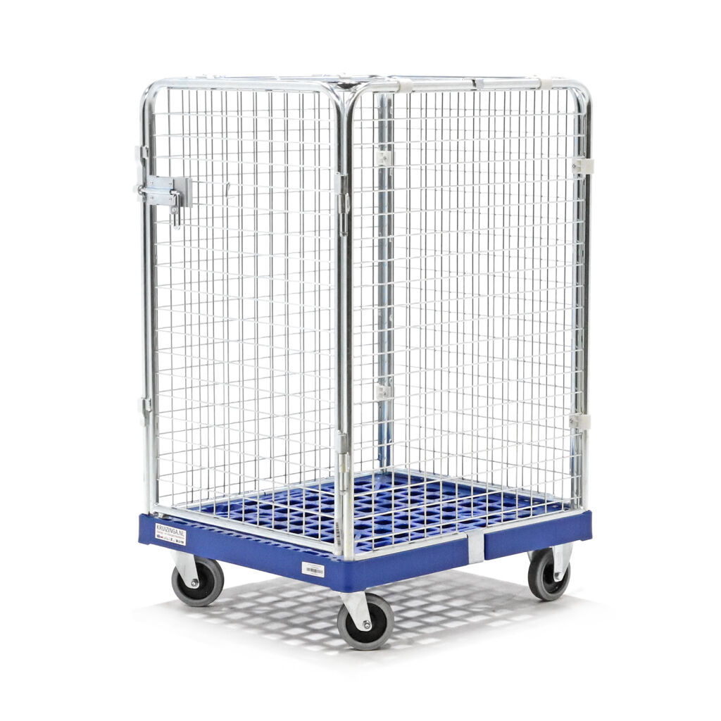 Roll conteneur de sécurité caisson à roulettes antivol fond en plastique avec barrières à emboîter