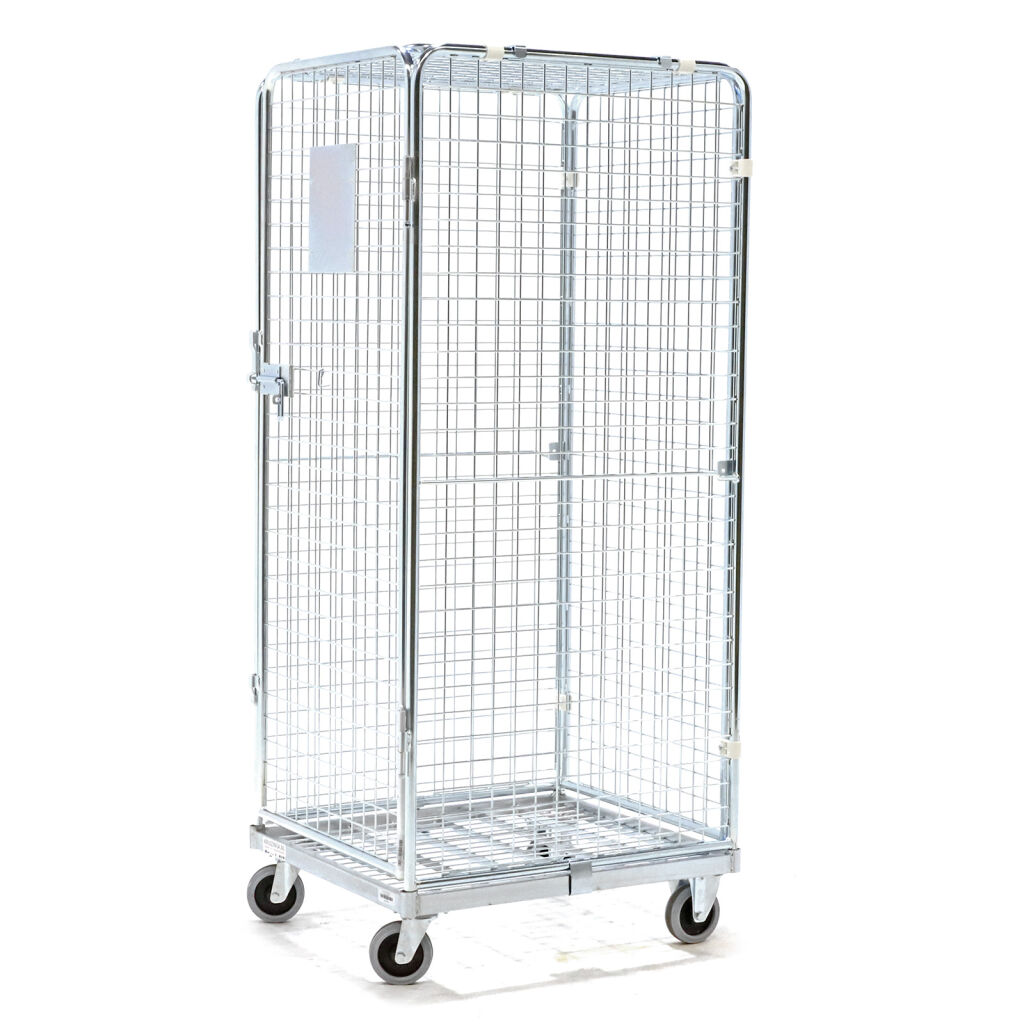 Roll conteneur de sécurité caisson à roulettes antivol fond en acier avec barrières à emboîter