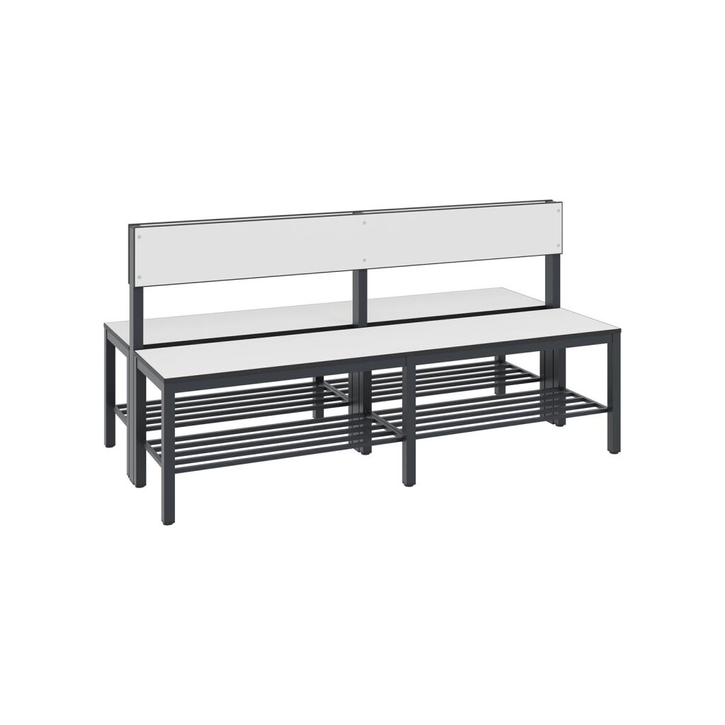 Cloakroom bench with backrest and shoe rack, double-sided 