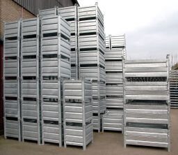 Stapelboxen Stahl feste Konstruktion Stapelbehälter 4 Wände Euronorm (mm):  800 x 600.  L: 800, B: 600, H: 670 (mm). Artikelcode: 102866S