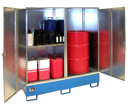 Hazardous substance depot Retention Basin Hazardous Materials Cabinets with galvanized grid + supporting feet Collection volume (ltr):  200.  L: 840, W: 690, H: 1930 (mm). Article code: 40GS1-V