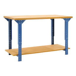 Workbench packaging table adjustable in height with shelve