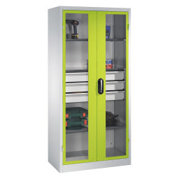 Cabinet material cabinet with viewing windows in 2 hinged doors, 3 floors and 3 drawers.  W: 930, D: 500, H: 1950 (mm). Article code: 5789215530-GN