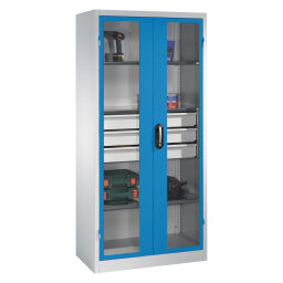 Cabinet material cabinet with viewing windows in 2 hinged doors, 3 floors and 3 drawers.  W: 930, D: 500, H: 1950 (mm). Article code: 5789215530-LW