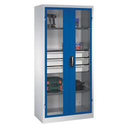 Cabinet material cabinet with viewing windows in 2 hinged doors, 3 floors and 3 drawers.  W: 930, D: 500, H: 1950 (mm). Article code: 5789215530-DW