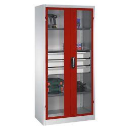 Cabinet material cabinet with viewing windows in 2 hinged doors, 3 floors and 3 drawers 5789215530-D