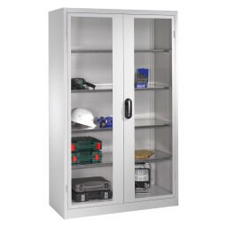 Material cabinet with viewing windows in 2 hinged doors and 4 floors