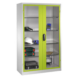 Cabinet material cabinet with viewing windows in 2 hinged doors and 4 floors
