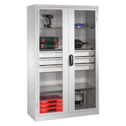 Cabinet material cabinet with viewing window in 2 hinged doors, 4 floors and 3 drawers.  W: 1200, D: 500, H: 1950 (mm). Article code: 578931553-S